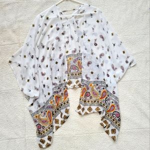 Sheer White Cape Jennifer Taylor Paisley Print Batwing Swim Cover Up Poncho S/M